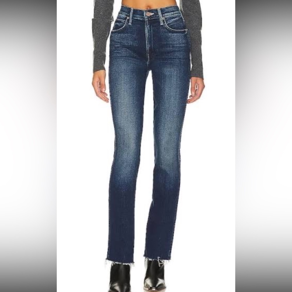 MOTHER High Waisted Rascal Sneak Fray in Sake To Me - Dark Blue Jeans